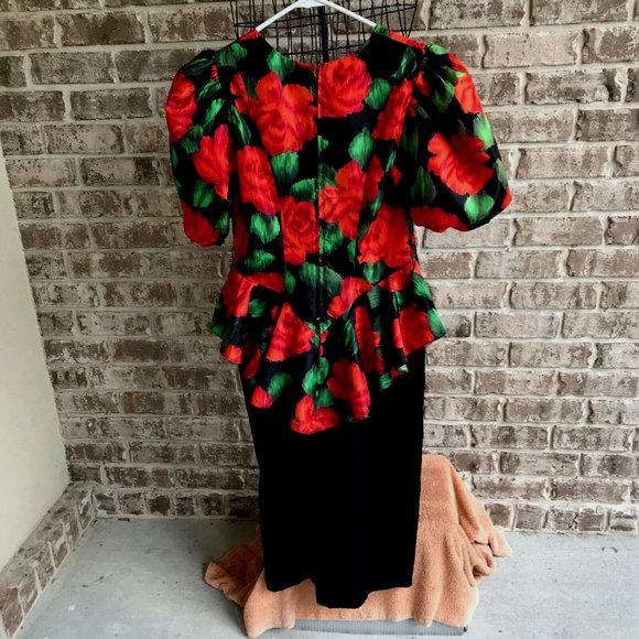 Mr. Mort Dress Black Red Floral Puff Sleeves Wedding Party Art Deco VTG… - Picture 6 of 14